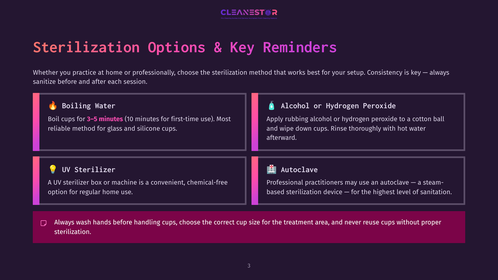 3 Sterilization Options And Key Reminders Cleanse Star Logo And Infographic Detailing Sterilization Options: Boiling Water, Alcohol/Hydrogen Peroxide, Uv Sterilizer, And Autoclave, With Reminders About Hand Washing And Cup Size.