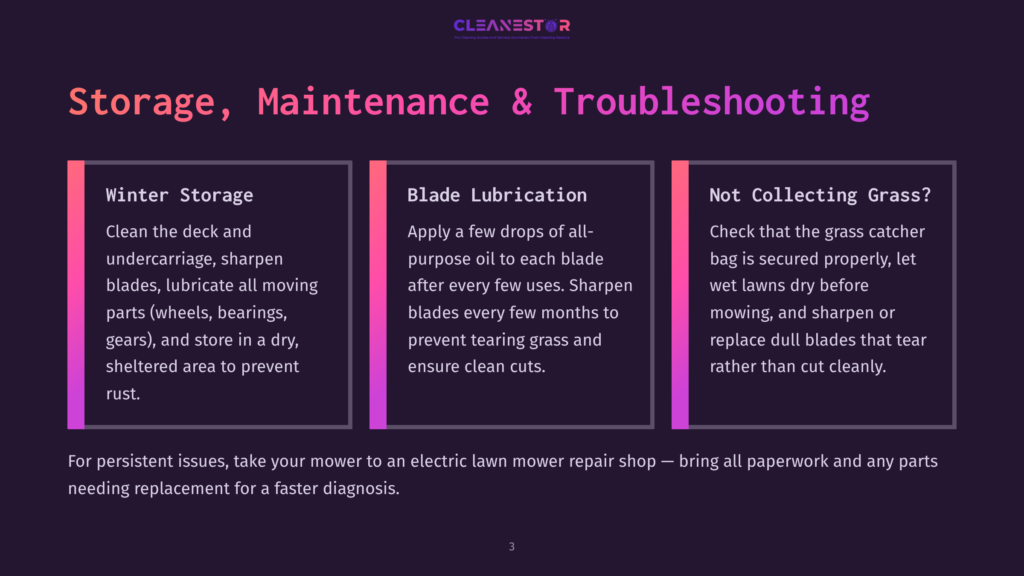 Diagram Titled &Quot;Storage, Maintenance &Amp; Troubleshooting&Quot; For An Electric Lawn Mower, With Sections On Winter Storage, Blade Lubrication, And Not Collecting Grass.