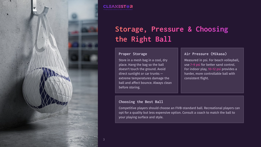 A White And Blue Volleyball Hangs In A White Mesh Bag, Suspended From A Hook On A Textured Grey Concrete Wall. The Image Includes Text About Volleyball Storage, Pressure, And Choosing The Right Ball.