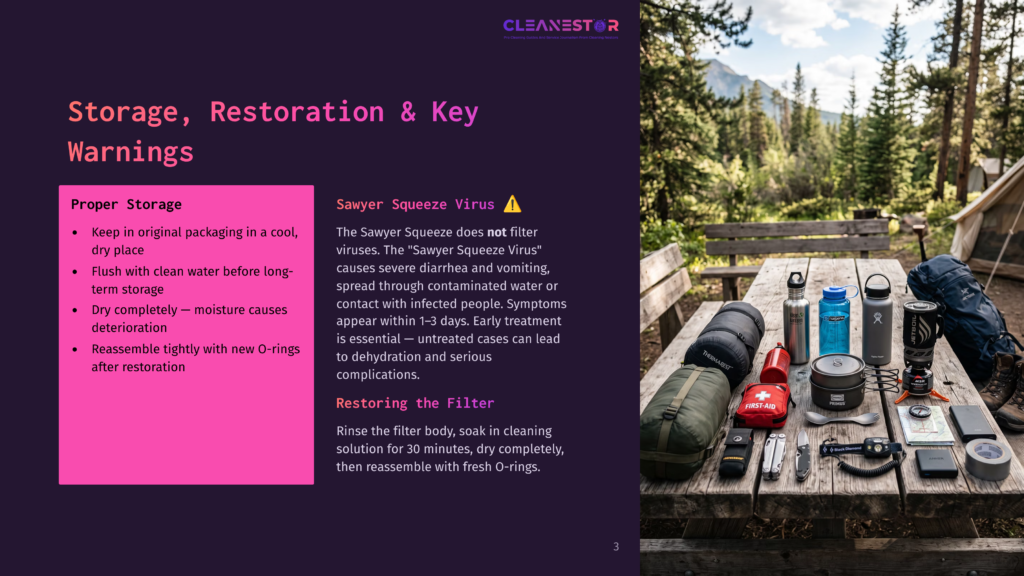3 Storage Restoration And Key Warnings Camping Gear Laid Out On A Wooden Table In Front Of A Tent, Including Water Filters, A First Aid Kit, And Sleeping Bags. Text Overlays Discuss Proper Storage And Restoration Of Sawyer Squeeze Virus Water Filters.