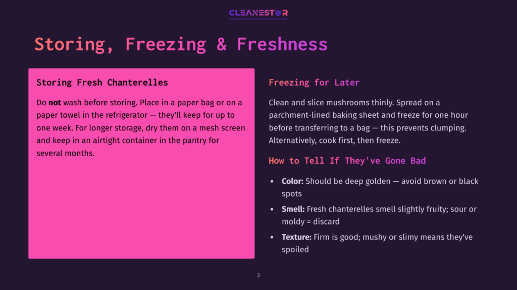 Slide Titled &Quot;Storing, Freezing &Amp; Freshness&Quot; With Text On Storing Fresh Chanterelles And How To Tell If They'Ve Gone Bad. The Left Side Has Pink Text On A Dark Background, And The Right Side Has White Text On A Dark Background.
