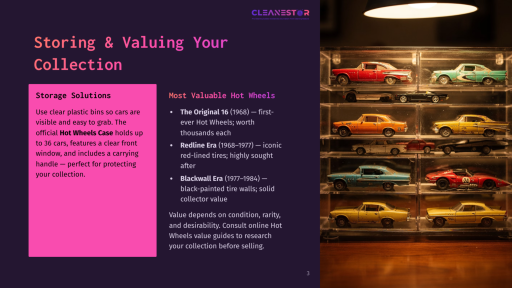A Collection Of Vintage Hot Wheels Cars In Plastic Display Cases, With Text Overlay About &Quot;Storing &Amp; Valuing Your Collection&Quot; And &Quot;Cleanestor&Quot;.
