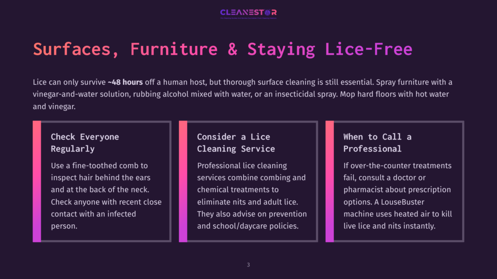 Cleanestor Logo With Text: &Quot;Pro Cleaning Services And Insecticidal Spray Cleaning Solutions&Quot;. Image Displays Three Sections: &Quot;Check Everyone Regularly&Quot;, &Quot;Consider A Lice Cleaning Service&Quot;, And &Quot;When To Call A Professional&Quot;, Offering Advice On Lice Prevention And Treatment.