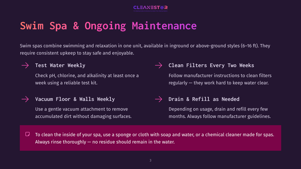 Infographic Detailing Swim Spa And Ongoing Maintenance. Includes Tips For Weekly Water Testing, Cleaning Filters, Vacuuming, And Draining/Refilling, Plus A Note On Cleaning The Inside Of The Spa.