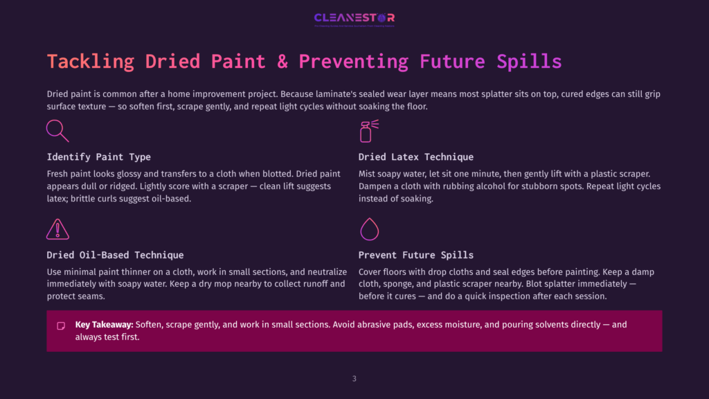 Infographic With Text: &Quot;Tackling Dried Paint &Amp; Preventing Future Spills.&Quot; Sections Detail Identifying Paint Type, Dried Latex Technique, Dried Oil-Based Technique, And Preventing Future Spills.