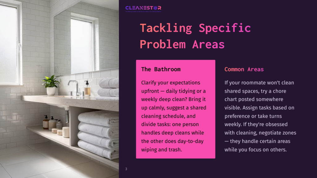 A Bright, Modern Bathroom With White Subway Tile Walls, A Large Mirror, And Neatly Stacked White Towels On A Marble Vanity. The Text &Quot;Cleanestor&Quot; And &Quot;Tackling Specific Problem Areas&Quot; Is Visible.