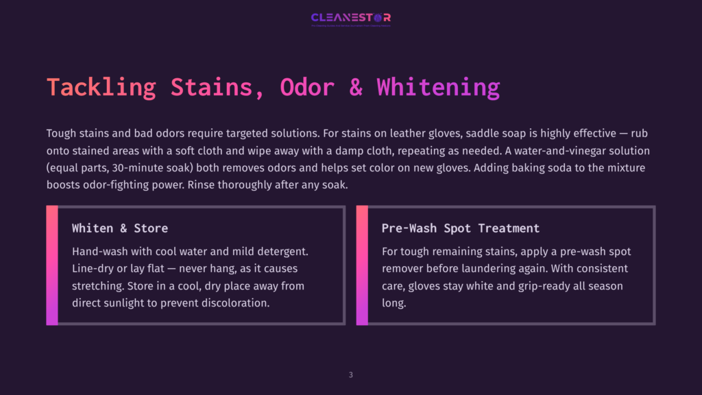 Cleanestor Logo With Text &Quot;Tackling Stains, Odor &Amp; Whitening,&Quot; Followed By Sections On &Quot;Whiten &Amp; Store&Quot; And &Quot;Pre-Wash Spot Treatment&Quot; For Leather Gloves.