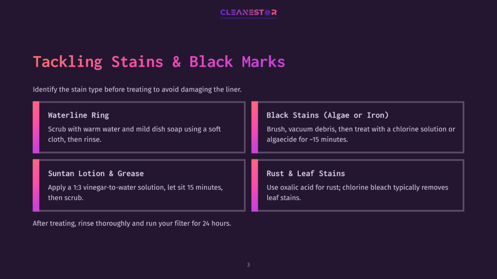 Infographic Detailing How To Tackle Stains And Black Marks On Pool Liners, Including Waterline Ring, Suntan Lotion, Black Stains, And Rust &Amp; Leaf Stains, With Cleaning Instructions.