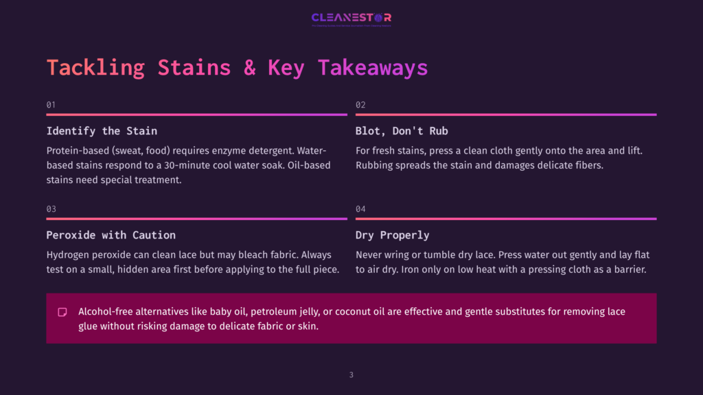 Cleanestor Infographic: Tackling Stains &Amp; Key Takeaways. Sections Include Identify The Stain, Blot Don'T Rub, Peroxide With Caution, And Dry Properly. Tips On Stain Removal For Fabrics.