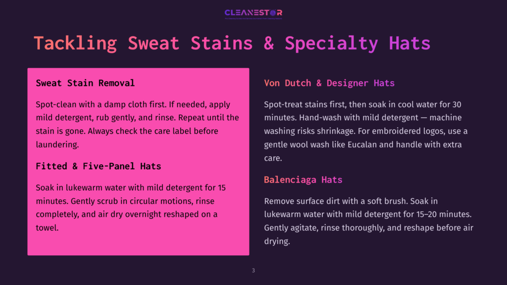 Graphic With Text On Tackling Sweat Stains And Specialty Hats: &Quot;Cleanestor&Quot; Logo, &Quot;Tackling Sweat Stains &Amp; Specialty Hats&Quot; Title, And Care Instructions For Different Hat Types And Brands Like Von Dutch And Balenciaga.