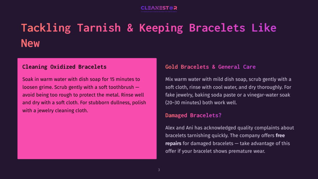 A Graphic Design With A Dark Purple Background. The Text &Quot;Cleanestor&Quot; Is At The Top In White, With Smaller Text Below. The Main Text Reads &Quot;Tackling Tarnish &Amp; Keeping Bracelets Like New&Quot;. On The Left, In A Pink Box, Are Cleaning Instructions For &Quot;Oxidized Bracelets&Quot;. On The Right, In A Dark Purple Box, Are Cleaning Instructions For &Quot;Gold Bracelets &Amp; General Care&Quot; And &Quot;Damaged Bracelets?&Quot;.