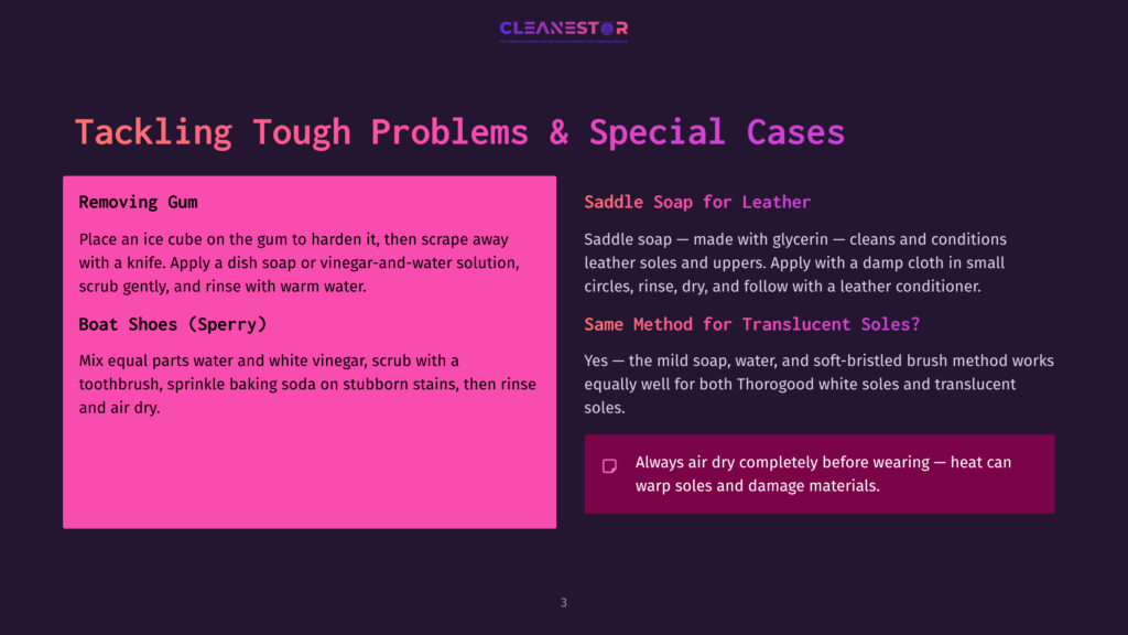 Cleanestor Graphic With Text Detailing How To Tackle Tough Problems And Special Cases For Shoes, Including Removing Gum And Cleaning Boat Shoes, Saddle Soap For Leather, And A Method For Translucent Soles.