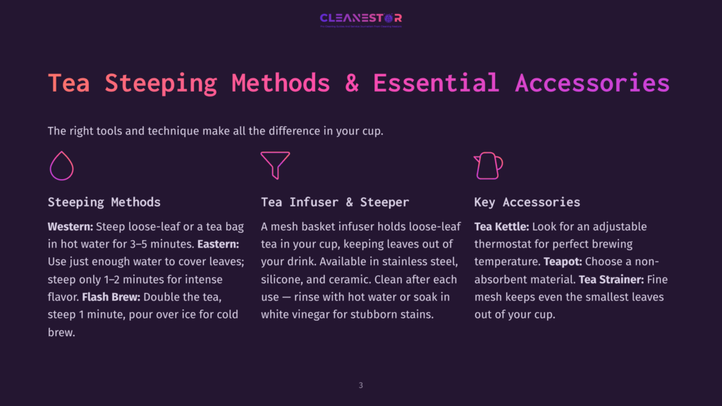 Infographic Detailing Tea Steeping Methods And Essential Accessories, With Icons For Steeping, A Tea Infuser, And A Teapot, And Text Explaining Western And Eastern Steeping, Tea Infusers, And Teapots.