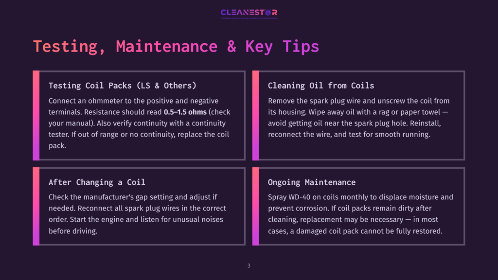 3 Testing Maintenance And Key Tips A Dark Purple Background With Four White Boxes Containing Text About Engine Testing, Maintenance, And Cleaning. Top Left: &Quot;Testing Coil Packs (Ls &Amp; Others)&Quot;. Top Right: &Quot;Cleaning Oil From Coils&Quot;. Bottom Left: &Quot;After Changing A Coil&Quot;. Bottom Right: &Quot;Ongoing Maintenance&Quot;.