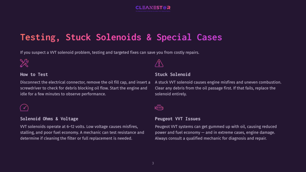 A Dark Purple Graphic With The Title &Quot;Testing, Stuck Solenoids &Amp; Special Cases&Quot; In Large Pink Text. Below The Title Are Icons And Text Explaining Vvt Solenoid Testing, Stuck Solenoids, And Peugeot Vvt Issues.