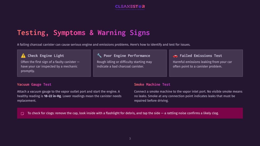 Infographic Detailing &Quot;Testing, Symptoms &Amp; Warning Signs&Quot; For Charcoal Canister Issues, Featuring Icons For &Quot;Check Engine Light,&Quot; &Quot;Poor Engine Performance,&Quot; And &Quot;Failed Emissions Test,&Quot; With Descriptions And Testing Methods.