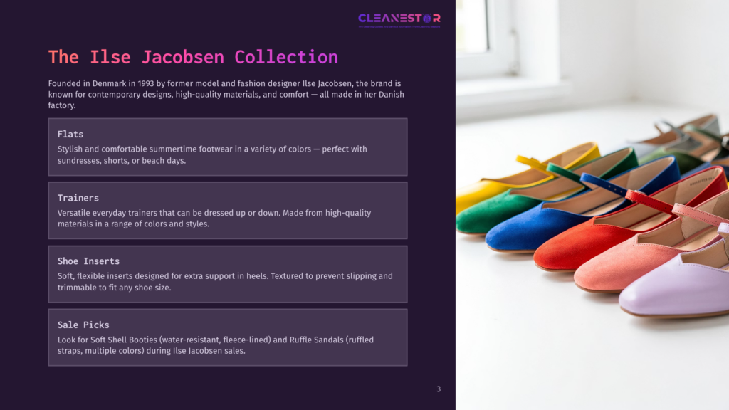 3 The Ilse Jacobsen Collection Colorful Ilse Jacobsen Flats In Yellow, Green, Blue, Red, Coral, And Lavender Are Arranged In A Line, Showcasing The Brand'S Stylish Danish Footwear Collection.