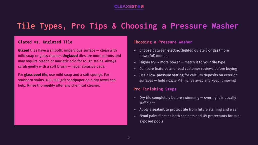 A Slide Titled &Quot;Tile Types, Pro Tips &Amp; Choosing A Pressure Washer&Quot; With Sections Comparing Glazed Vs. Unglazed Tile And Choosing A Pressure Washer, Detailing Cleaning Methods And Psi Levels.