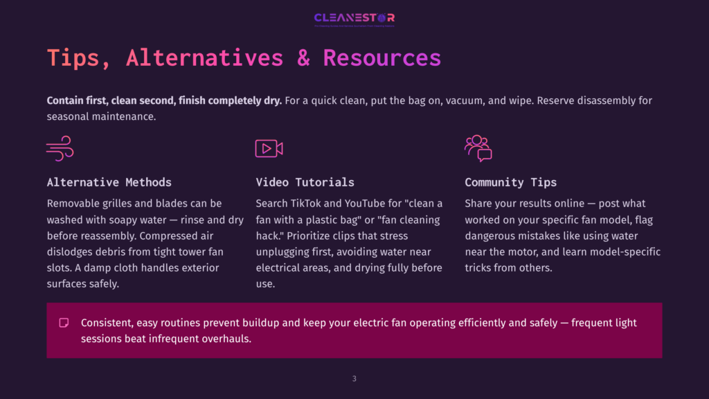 Graphic With The Title &Quot;Tips, Alternatives &Amp; Resources&Quot; And Three Icons: A Swirling Fan, A Video Camera, And People Figures. Text Discusses Cleaning Fans, Video Tutorials, And Community Tips.