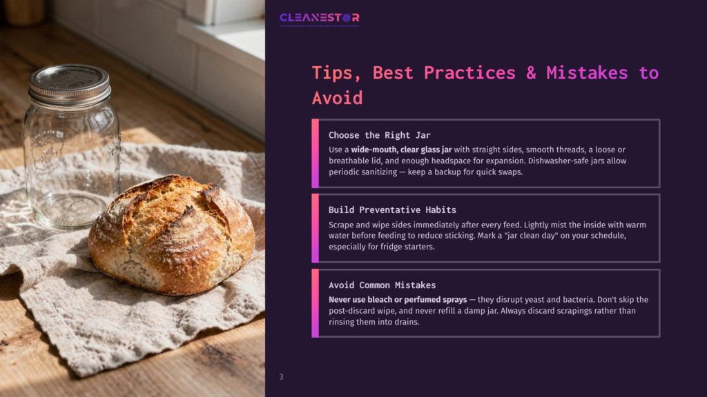 3 Tips Best Practices And Mistakes To Avoid A Rustic Sourdough Bread Loaf Rests On A Textured Linen Cloth Next To A Clear Glass Mason Jar On A Wooden Surface, With Text Overlay &Quot;Cleanestor Tips, Best Practices &Amp; Mistakes To Avoid&Quot;.