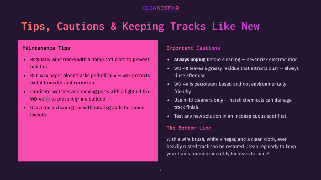 3 Tips Cautions And Keeping Tracks Like New Presentation Slide With &Quot;Cleanestor&Quot; Logo And Text About Train Track Maintenance Tips And Important Cautions, Including Cleaning With A Damp Cloth, Using Wd-40, And The Importance Of Unplugging Before Cleaning.