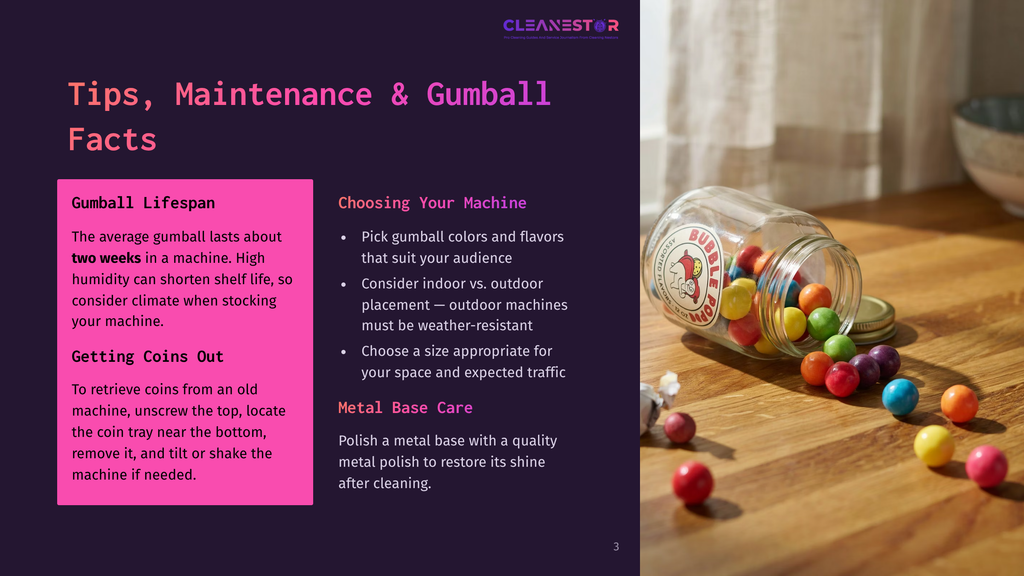 3 Tips Maintenance And Gumball Facts A Glass Jar Of Colorful Gumballs Spills Onto A Wooden Surface, With Text Overlay From A Presentation Titled &Quot;Cleanestor: Tips, Maintenance &Amp; Gumball Facts.