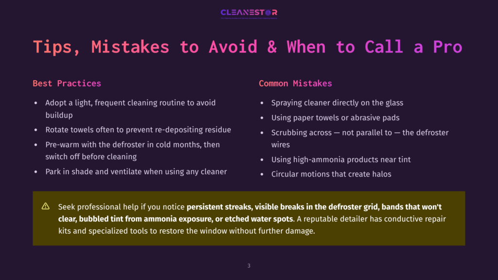Infographic Titled &Quot;Tips, Mistakes To Avoid &Amp; When To Call A Pro&Quot; Listing Best Practices For Car Window Cleaning, Such As Adopting A Frequent Cleaning Routine And Rotating Towels, And Common Mistakes Like Spraying Cleaner Directly On The Glass And Using Paper Towels.