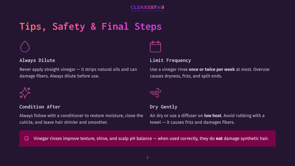 Dark Purple Background With &Quot;Cleanestor&Quot; Logo At Top. Text Details Tips For Hair Care With Vinegar: Always Dilute, Limit Frequency, Condition After, Dry Gently. Includes Icons For Each Tip.