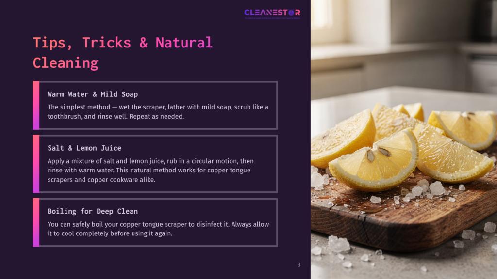 Close-Up Of Fresh Lemon Slices On A Rustic Wooden Cutting Board, Sprinkled With Coarse Salt, With A Blurred Kitchen Background. Text Overlay: &Quot;Tips, Tricks &Amp; Natural Cleaning&Quot;.