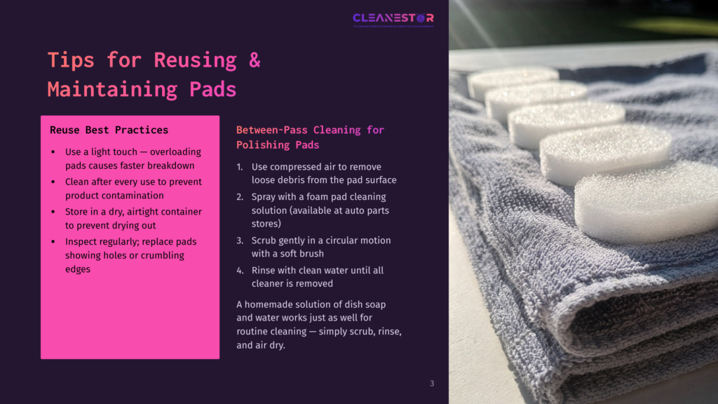 A Gray Terrycloth Towel Is Folded Neatly, With Six White Foam Polishing Pads Arranged In A Row On Top. The Pads Are Slightly Damp And Textured, Suggesting They Have Been Recently Used For Car Detailing Or Polishing.
