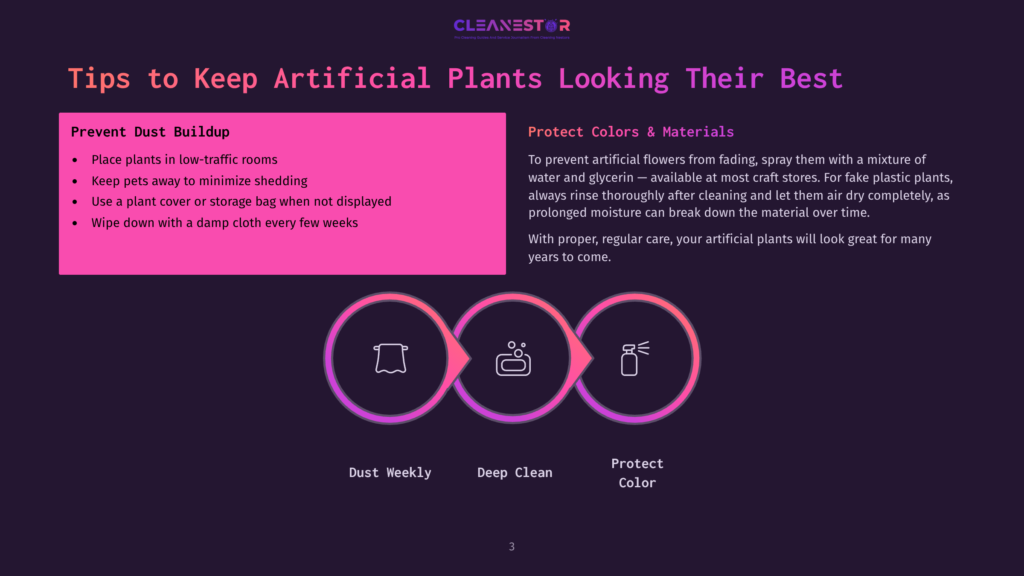 Tips To Keep Artificial Plants Looking Their Best: Prevent Dust Buildup With Cleaning Tips And Protect Colors &Amp; Materials. Visuals Show A Dusting Icon, A Cleaning Spray Icon, And A Color Protection Icon.