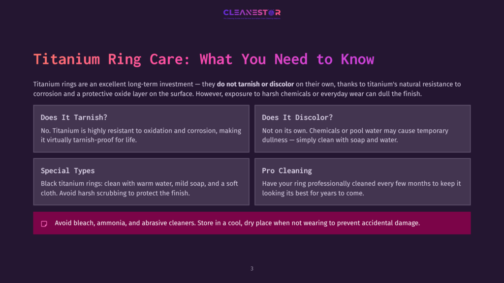 Infographic Titled &Quot;Titanium Ring Care: What You Need To Know&Quot; With Sections On Tarnish, Discoloration, Cleaning, And Special Types, Emphasizing Durability And Proper Maintenance.