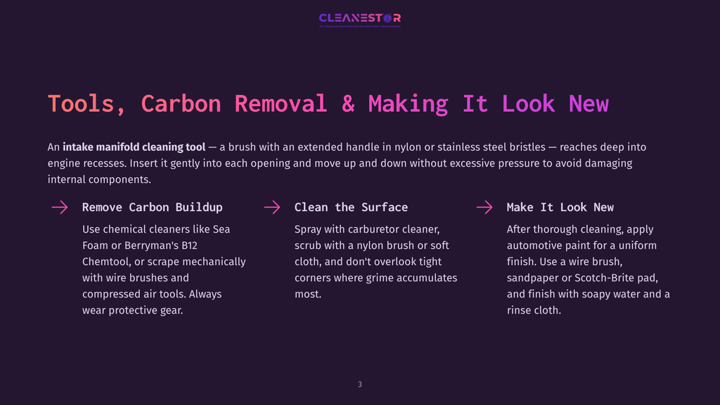 3 Tools Carbon Removal And Making It Look New Infographic Detailing The Steps For Cleaning An Intake Manifold: Remove Carbon Buildup, Clean The Surface, And Make It Look New, With Icons Representing Each Step.