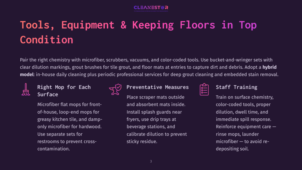 Cleanestor Logo And Text: &Quot;Tools, Equipment &Amp; Keeping Floors In Top Condition.&Quot; Below Are Three Sections: &Quot;Right Mop For Each Surface,&Quot; &Quot;Preventative Measures,&Quot; And &Quot;Staff Training,&Quot; With Icons And Descriptive Text About Cleaning Tools And Practices.