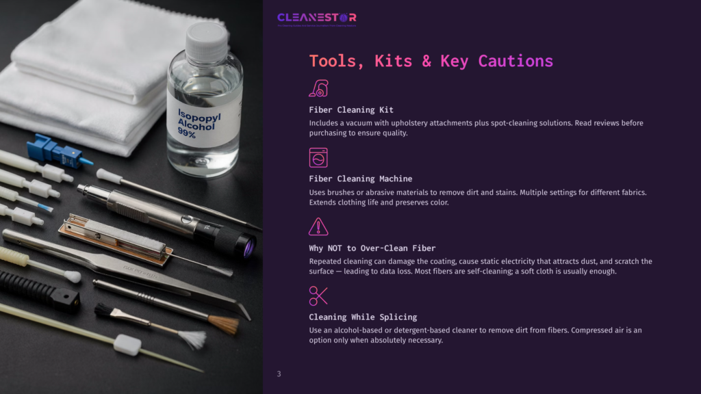 3 Tools Kits And Key Cautions A Bottle Of 69% Isopropyl Alcohol Sits Next To Fiber Cleaning Tools, Including Tweezers And Brushes, On A Dark Background. Text Overlays Highlight &Quot;Tools, Kits &Amp; Key Cautions&Quot; For Fiber Cleaning.