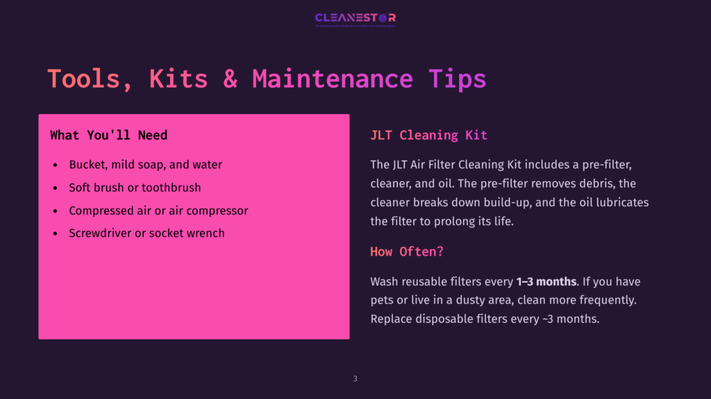 3 Tools Kits And Maintenance Tips A Dark Background With A Bright Pink Section Listing &Quot;What You'Ll Need&Quot; For Cleaning: Bucket, Soap, Toothbrush, Compressed Air, And Screwdriver. The Right Side Details The &Quot;Jlt Cleaning Kit&Quot; And &Quot;How Often?&Quot; To Clean Air Filters.