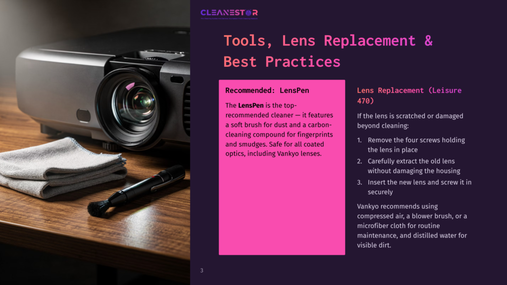 A Projector Lens Is Being Cleaned With A Soft Brush And Cleaning Compound, With Text Overlaying The Image About &Quot;Tools, Lens Replacement &Amp; Best Practices&Quot; And &Quot;Recommended: Lenspen&Quot;.