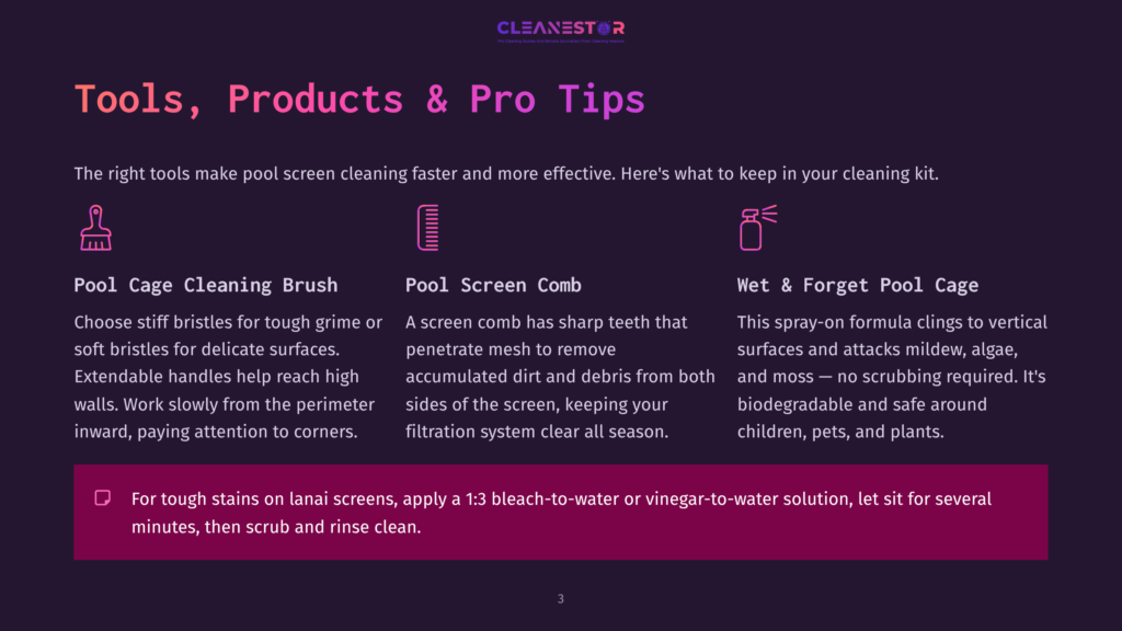 Illustration Of Three Pool Screen Cleaning Tools: A Brush, A Comb, And A Spray Bottle, With Text Detailing Their Use And A Tip For Tough Stains.