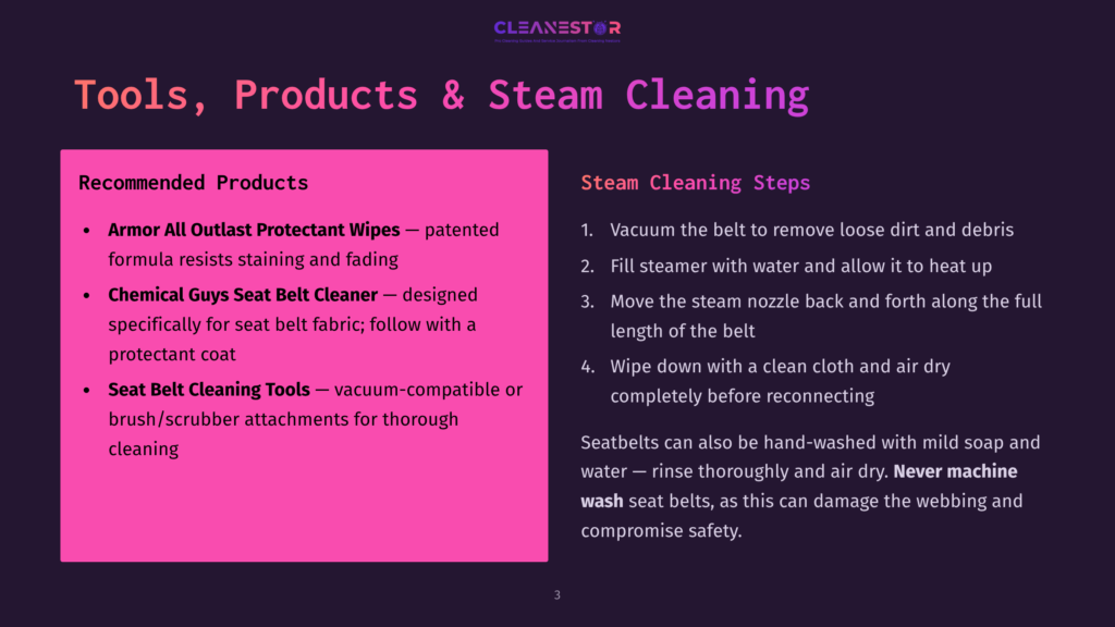 Dark Purple Background With A Pink Rectangle On The Left Listing Recommended Products For Cleaning Seat Belts, Including Armor All And Chemical Guys. The Right Side Lists Steam Cleaning Steps For Seat Belts.