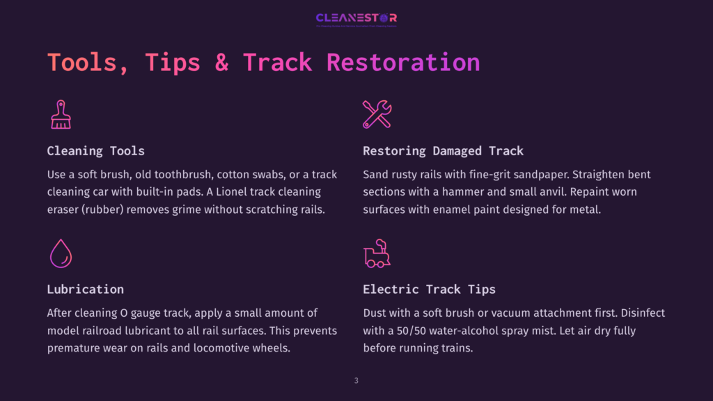 Cleanestor Logo With Text &Quot;Tools, Tips &Amp; Track Restoration,&Quot; And Icons For Cleaning, Lubrication, And Track Repair.
