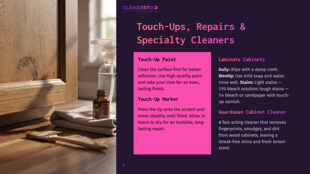 Close-Up Of A Wood Cabinet Door With Visible Damage, A Small Brush, And A Bottle Of Cleanestor Wood Touch-Up Paint, Highlighting Wood Repair Solutions.