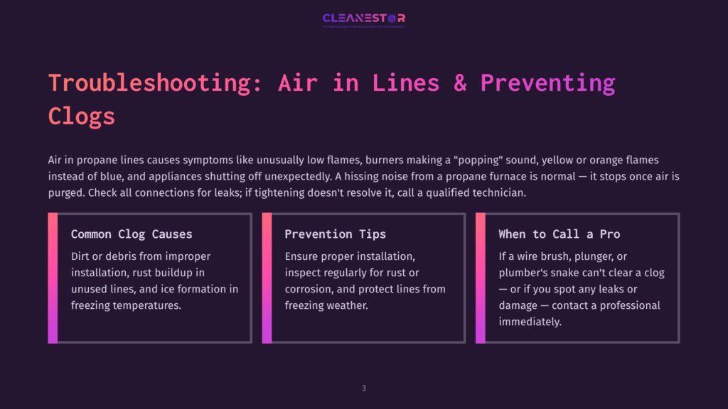 Troubleshooting: Air In Lines &Amp; Preventing Clogs. This Slide Details Common Clog Causes, Prevention Tips, And When To Call A Pro For Propane Issues.