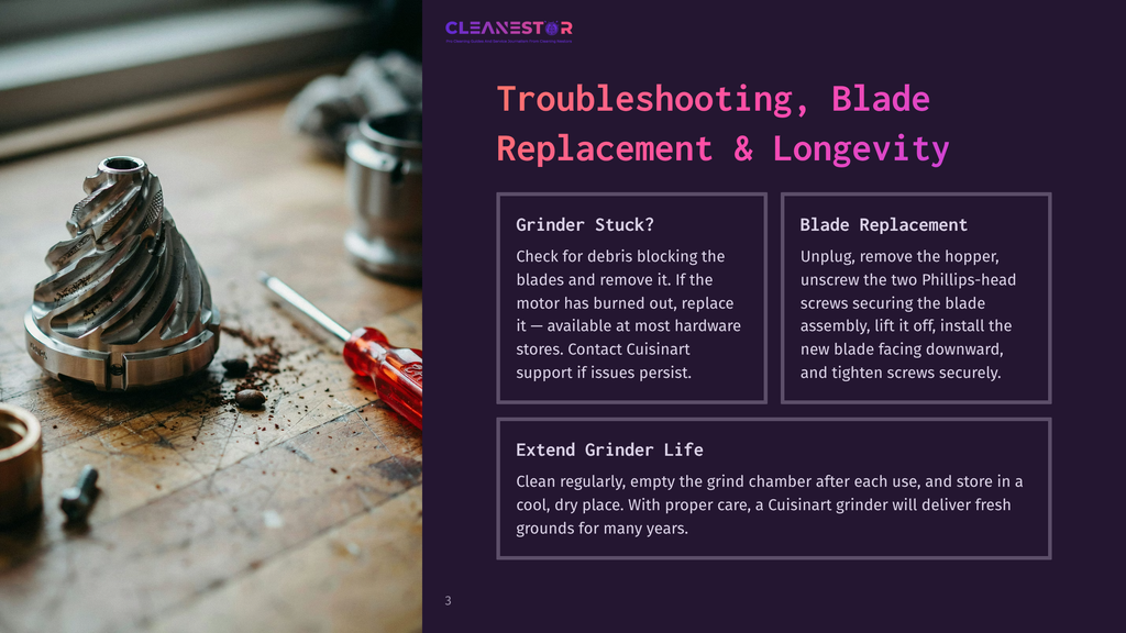 Close-Up Of A Cuisinart Grinder Burr And A Red-Handled Screwdriver On A Wooden Surface, With Text About Troubleshooting, Blade Replacement, And Grinder Life.