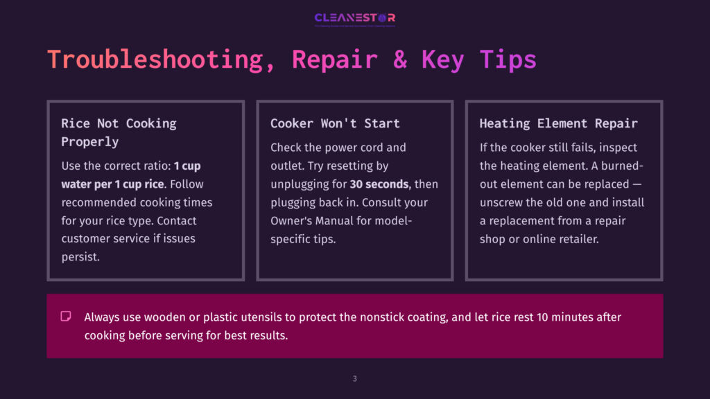 3 Troubleshooting Repair And Key Tips Cleanestor Rice Cooker Troubleshooting Guide: Rice Not Cooking Properly, Cooker Won'T Start, And Heating Element Repair Tips. Includes Safety Advice On Using Utensils And Resting Rice.