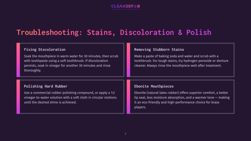3 Troubleshooting Stains Discoloration And Polish Troubleshooting Guide For Saxophone Mouthpiece Stains And Discoloration, Offering Solutions For Fixing, Removing, And Polishing.