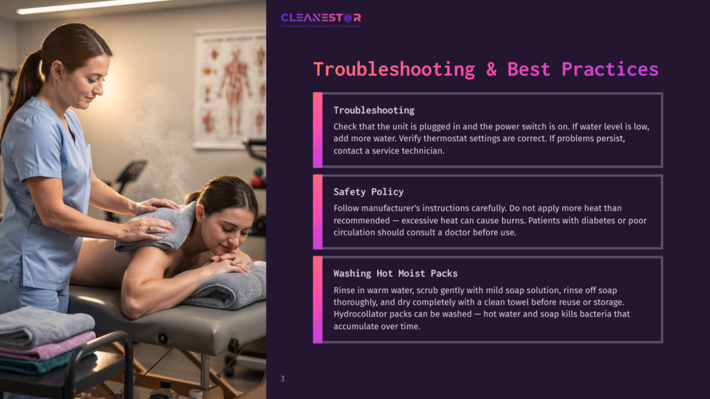 A Massage Therapist In A Blue Uniform Applies Warm Compresses To A Woman Lying On A Massage Table, With A Diagram Of The Human Muscular System In The Background. Text On The Right Includes &Quot;Cleanestor Troubleshooting &Amp; Best Practices&Quot;.