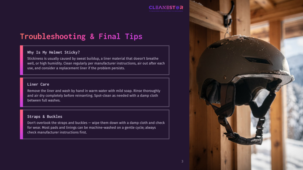 A Dark Grey Ski Helmet With White Snow Dusting Hangs From A Hook On A Wooden Wall, With A Snowy Outdoor Scene Visible Through A Window In The Background. Text Overlays Include &Quot;Cleanestor&Quot; And &Quot;Troubleshooting &Amp; Final Tips.