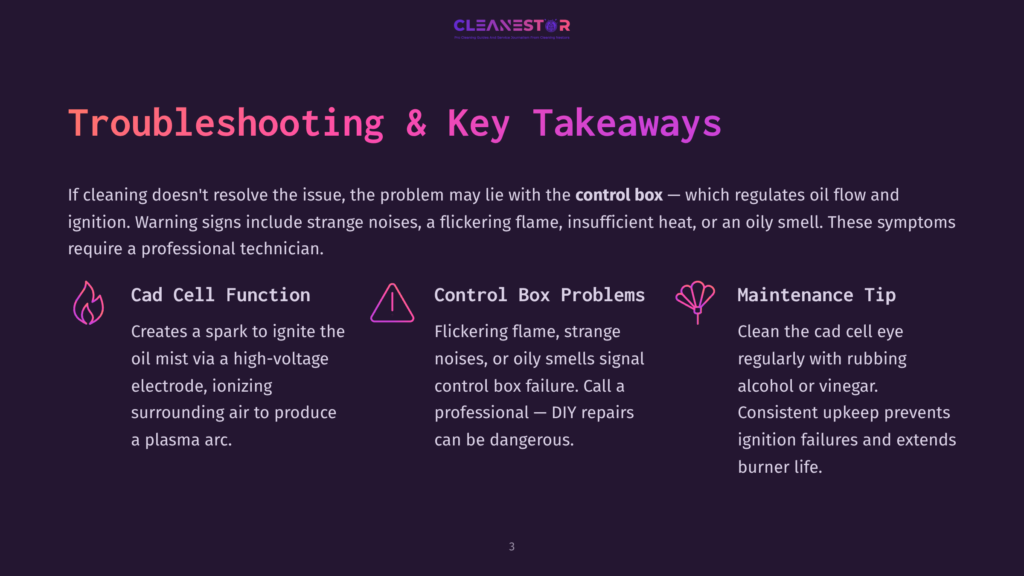 Troubleshooting &Amp; Key Takeaways For Cleanestor: Explains Cad Cell Function, Control Box Problems Like Flickering Flame, And Maintenance Tips For Oil Burners.