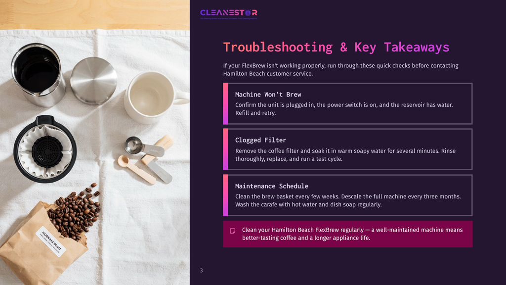 Hamilton Beach Flexbrew Troubleshooting Guide With Text Including &Quot;Machine Won'T Brew&Quot; And &Quot;Clogged Filter,&Quot; Next To Coffee Beans And Coffee Maker Parts.