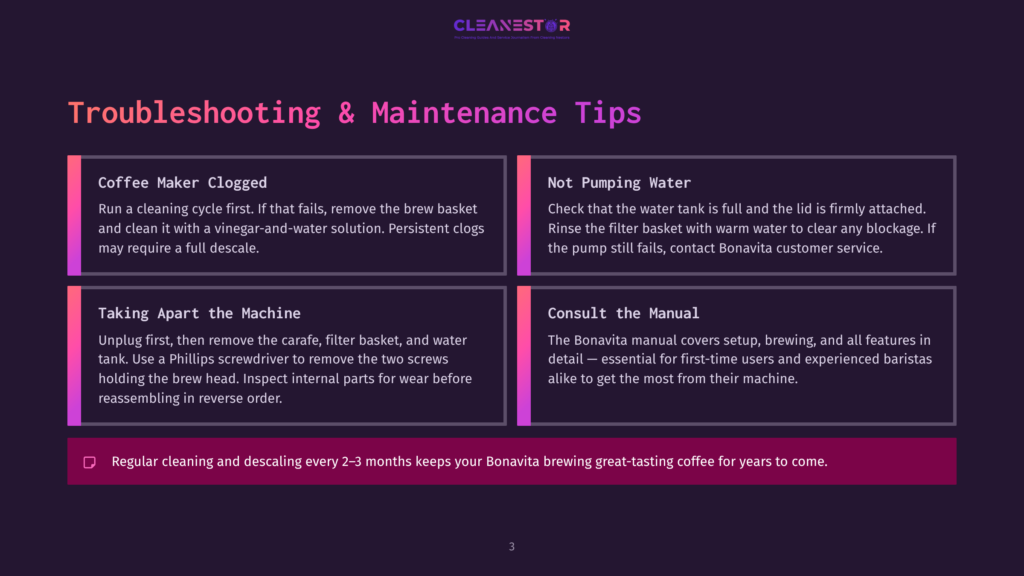 3 Troubleshooting And Maintenance Tips 1 Troubleshooting And Maintenance Tips For A Bonavita Coffee Maker, Covering Common Issues Like Coffee Maker Clogged, Not Pumping Water, Taking Apart The Machine, And Consulting The Manual. Includes A Tip For Regular Cleaning And Descaling.
